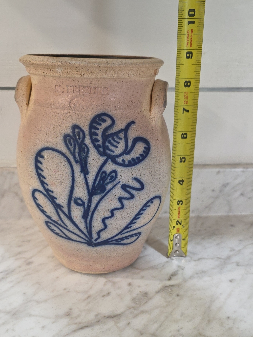 Rustic Blue Floral Ceramic Vase Crock- Beige and Blue